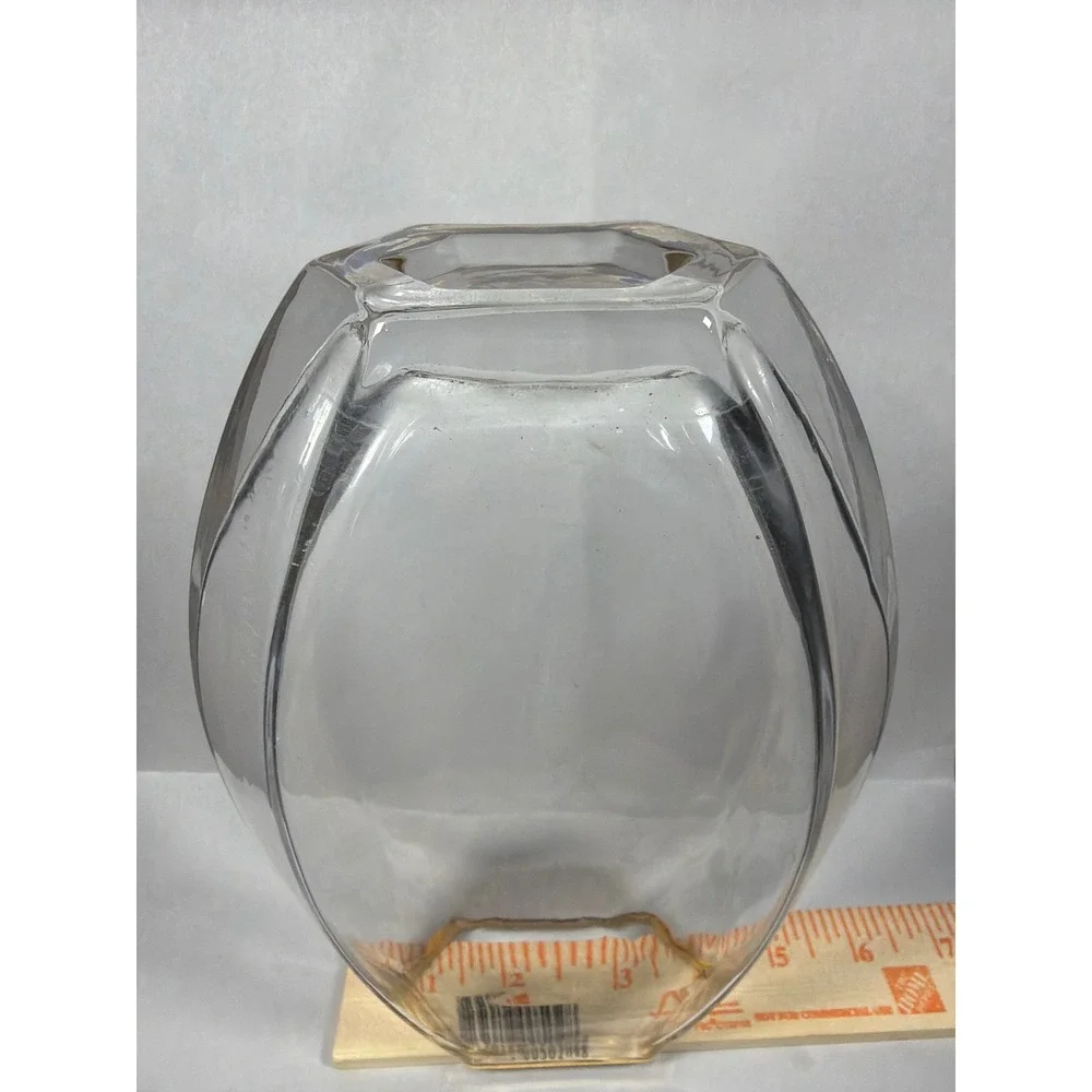 Vintage Clear Glass Hexagon Rim Vase Gold Trim